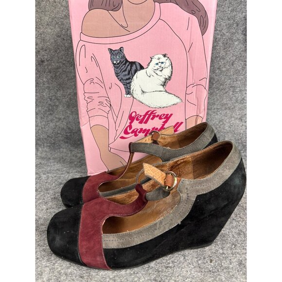 Jeffrey Campbell Shoes - VNTG Jeffrey Campbell Darnell Wedge Women's 9.5 Black/Grey/Maroon Suede Leather